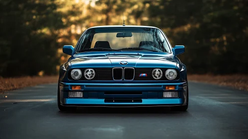 Classic BMW M3 front view on forest road at sunset.