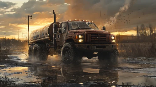 Tanker truck traversing muddy flooded track at sunset.