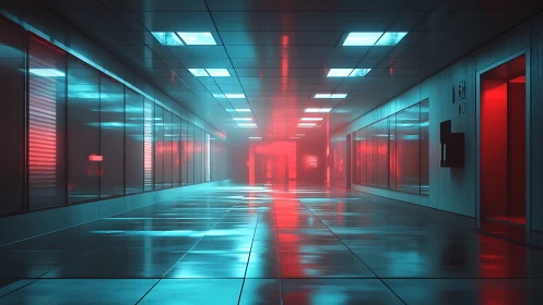 Neon-lit corridor with reflective glass and misty depth.