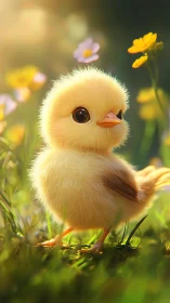 Fluffy Yellow Chick Surrounded by Spring Flowers.