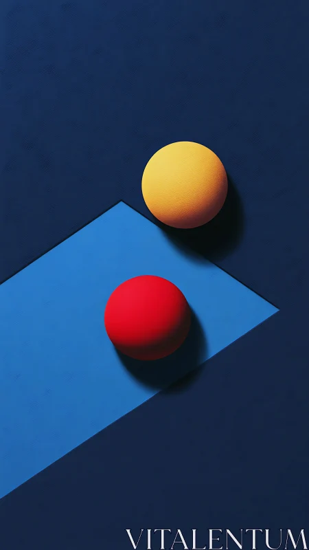Two colored spheres rest on angled blue geometric surface