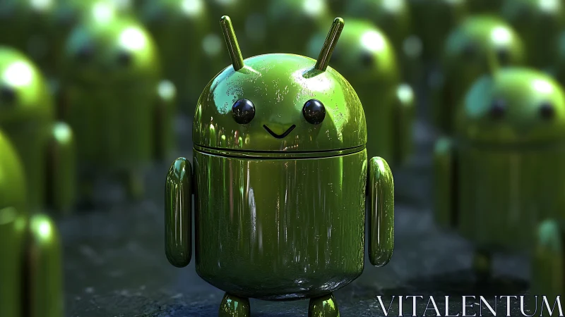 Chromed Android mascot rendered in reflective 3D environment