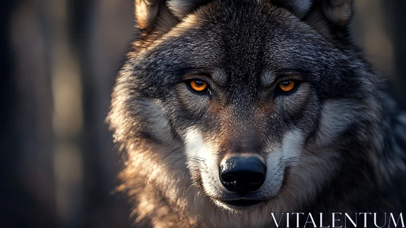 Wolf portrait with intense amber eyes in forest light.