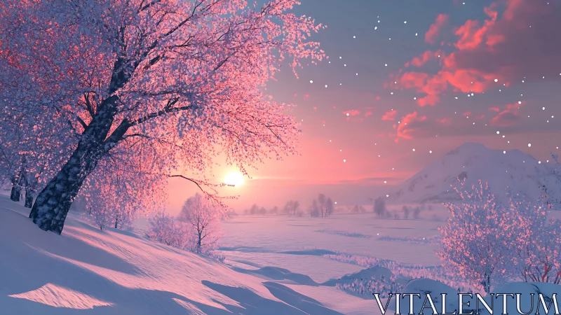 Winter sunrise illuminates pink frosted trees and snowfall.