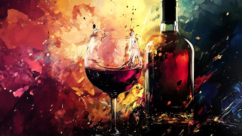Red Wine and Bottle Against Explosive Abstract Background.