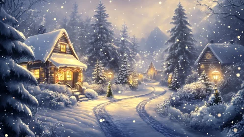 Cozy winter cabins glowing softly along a snowy forest lane.