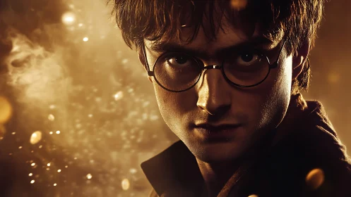 Close frontal portrait shows young man in glasses in warm light