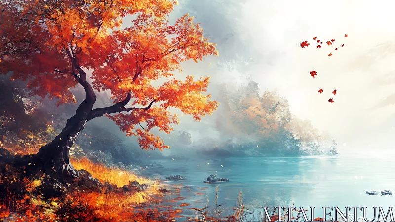 Autumn tree by misty lake with red foliage and bright water.