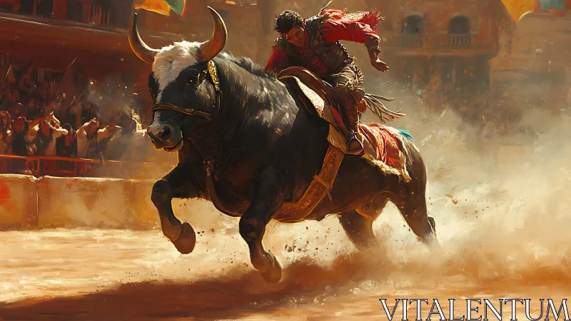 Dust-charged bull and rider storm a roaring sunlit arena.