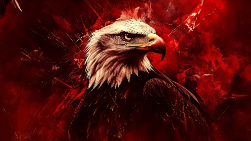 Fierce bald eagle portrait over blazing red abstract storm.