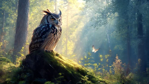 Majestic owl perched on mossy rock in enchanted forest at sunrise.