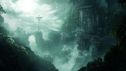 Misty emerald ruins welcome a lone futuristic tower