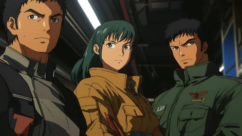 Determined anime pilots stand united in a dim hangar