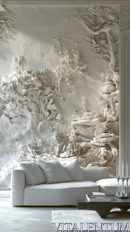 Textured sculptural wall transforms serene white living room.