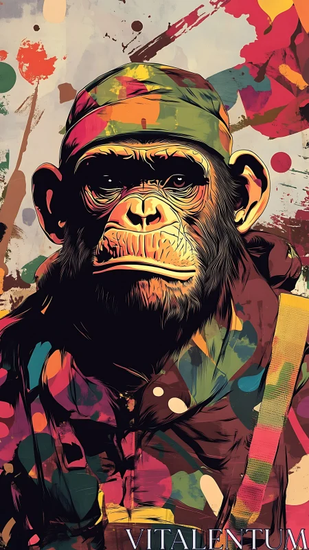 Battle-hardened chimp commander drenched in neon splatter.