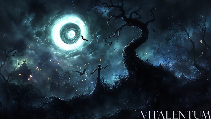 Moonlit spiral portal above twisted haunted hillside night.