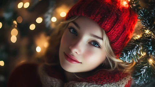 Winter portrait under warm festive lights at night.