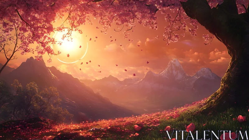 Fantasy sunset valley under blossom canopy, panoramic digital painting.