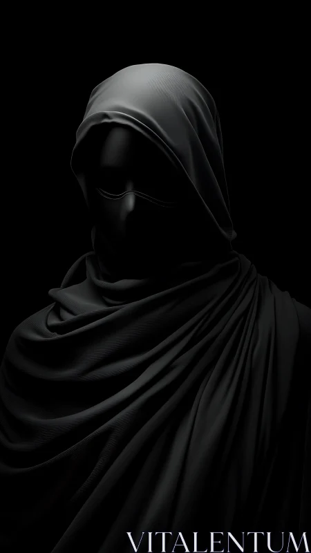 Veiled monochrome figure in deep chiaroscuro drapery study.