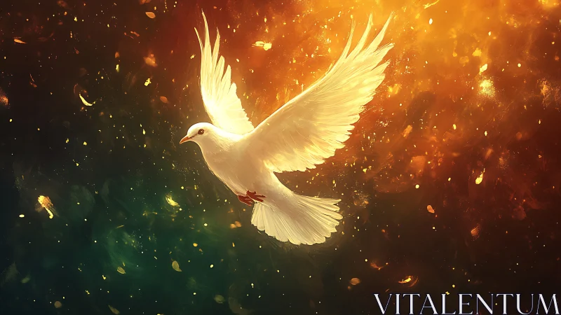 Luminous white dove in volumetric bokeh firelight field.