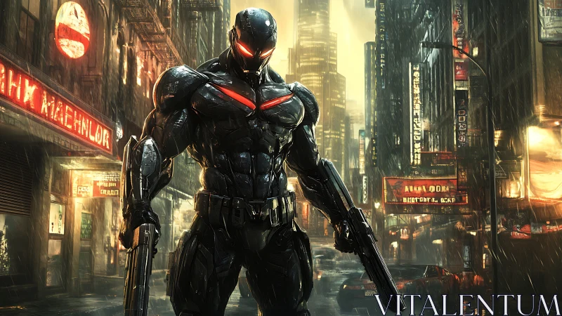 Midnight cyber guardian patrolling rain-soaked neon streets.