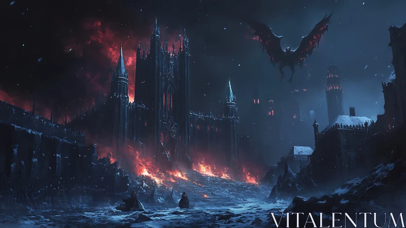 Midnight siege at the burning gothic citadel of frost.