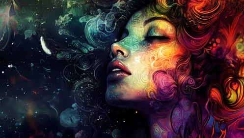Color saturated female portrait in swirling cosmic shapes.