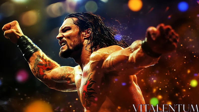 Roaring tattooed wrestler crowned in neon arena sparks.