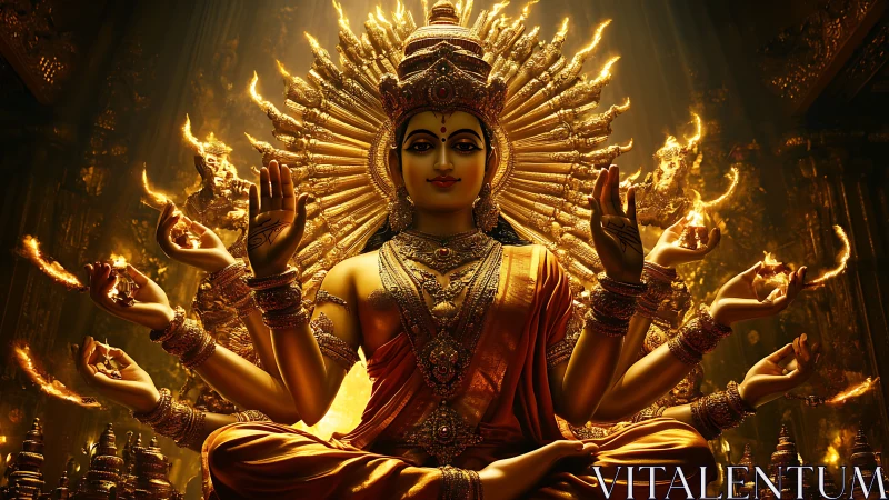 Multi-armed deity rendered with radial fire aura and ornate gold detailing