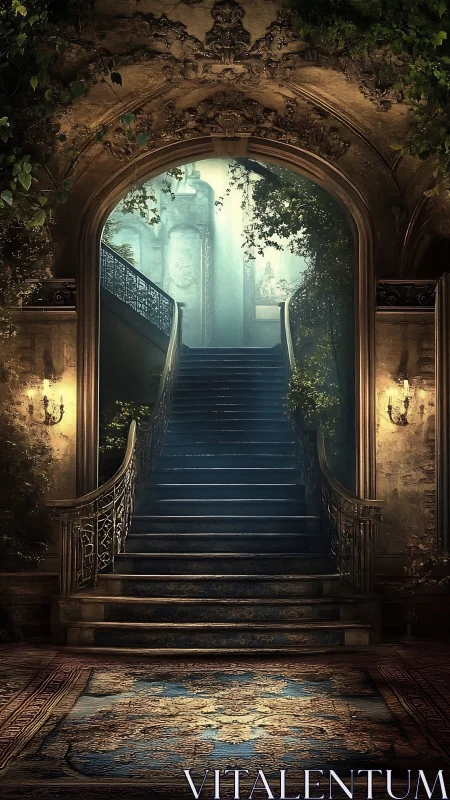 Grand ivy-covered staircase leads into misty upper hall