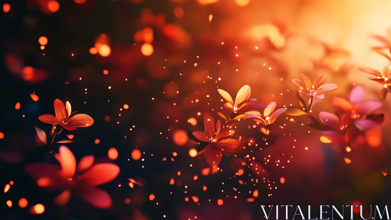 Glowing orange blossoms drifting through golden evening light.