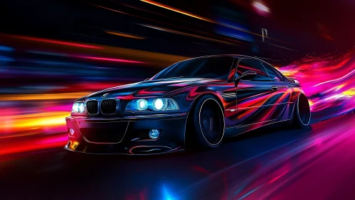 Street racer coupe with neon motion trails at night.