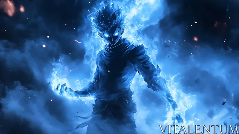 Blue fire warrior stands fearless in swirling stormlight