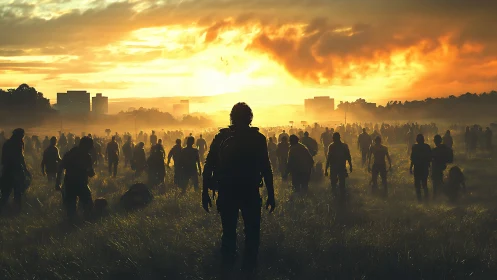 Cinematic digital painting of survivors amid sunset horde.
