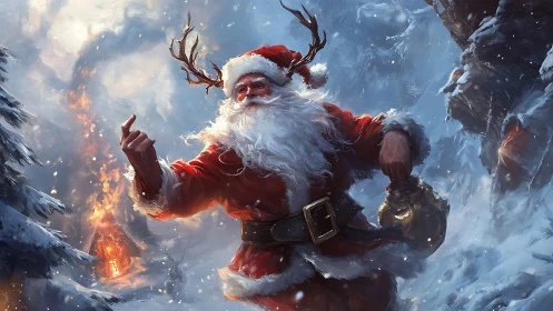 Dynamic warrior Santa strides through blizzard in painterly chiaroscuro
