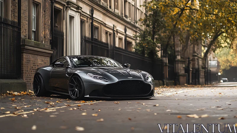 Low-slung grey supercar rests on quiet autumn city street