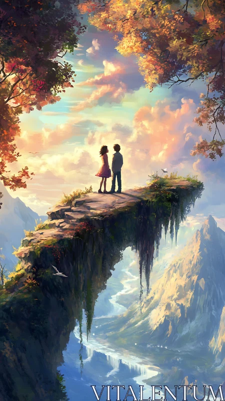 Two figures positioned on elevated rock formation overlooking canyon landscape.