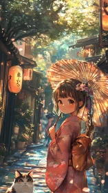 Sunlit kimono stroll with a curious cat and paper parasol.