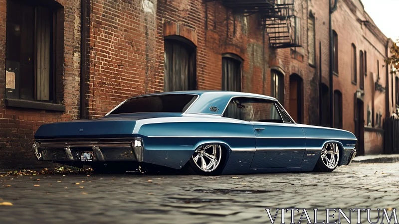 Low-slung blue classic car resting on a quiet brick alley.