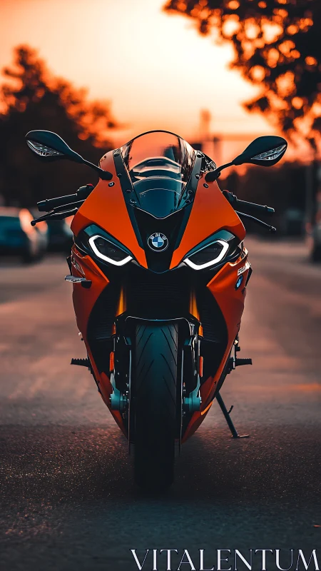 Sport motorcycle front portrait under cinematic sunset glow.