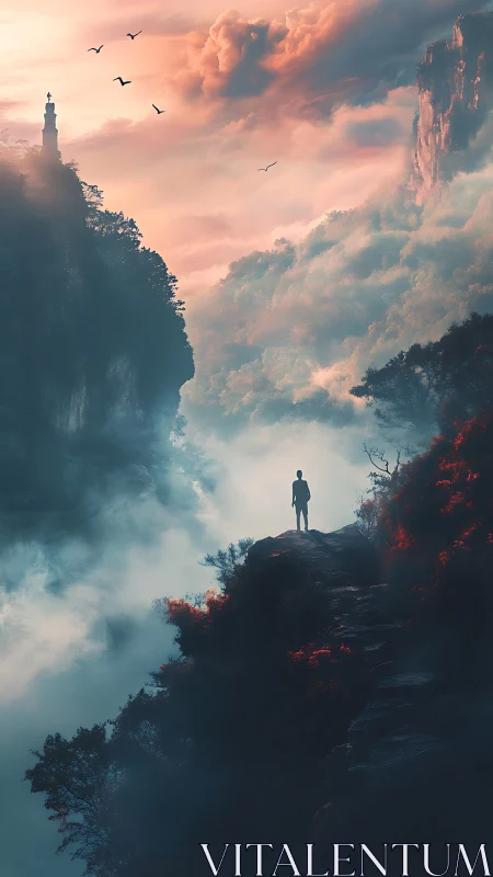 Solitary figure above misty canyon under blazing sky.