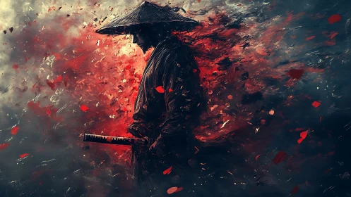 Samurai silhouette stands in swirling red and dark smoke