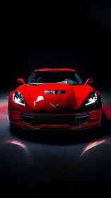 Low key frontal studio view of red sports coupe with LED headlights