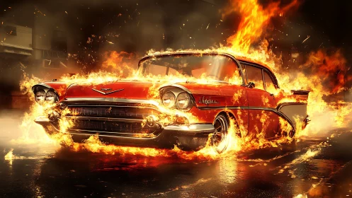 Vintage Muscle Car Engulfed in Inferno