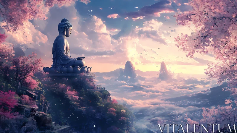 Serene Buddha statue above misty valley and blossoms.