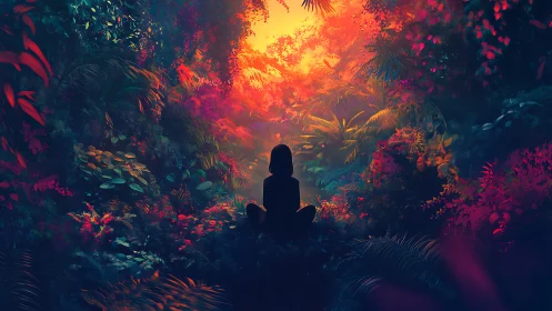 Quiet silhouette drinks sunrise fire in neon jungle heart