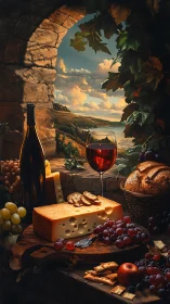 Rustic wine and cheese still life under golden vineyard sky.