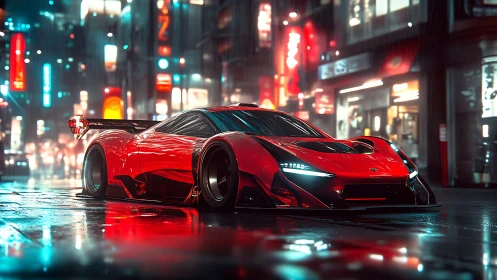 Neon rain crowns a crimson hypercar stalking midnight streets