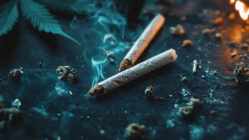 Moody closeup of smoking joints on dark textured surface.