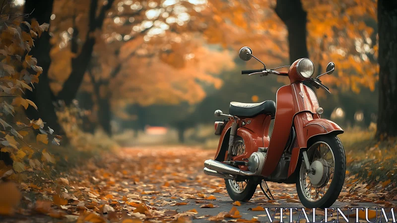 Crimson scooter waits in a golden tunnel of drifting autumn leaves.